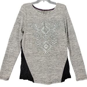 Vanity Sweater Gray Grunge Metallic Stretch Preppy Lace Long Sleeve Women Size L